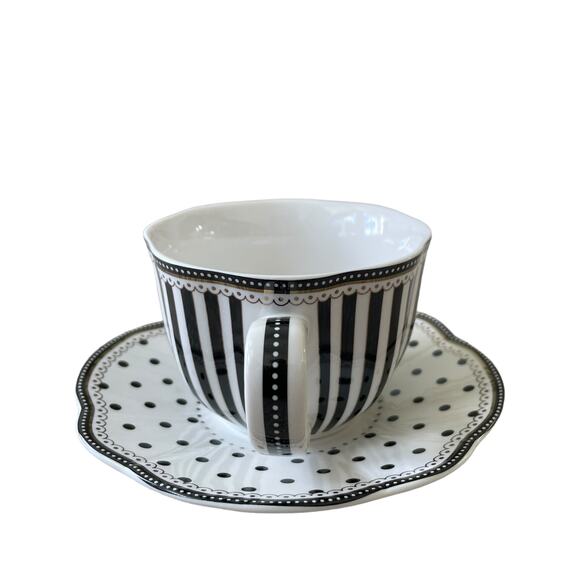 GRACE TEAWARE Black & White Striped Polka Dots Teacup and Saucer Set of 2 New - Picture 4 of 16